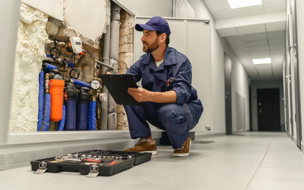 Worker inspecting plumbing system