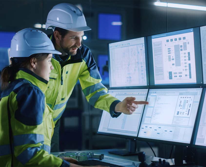 Side view of two engineers looking at six computer monitors